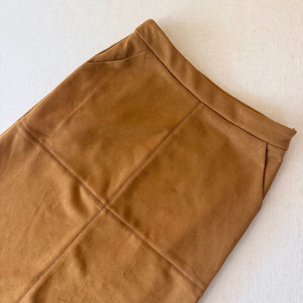In February Faux Suede Midi Skirt Camel Brown Paneled Pencil Skirt Small - Picture 8 of 8